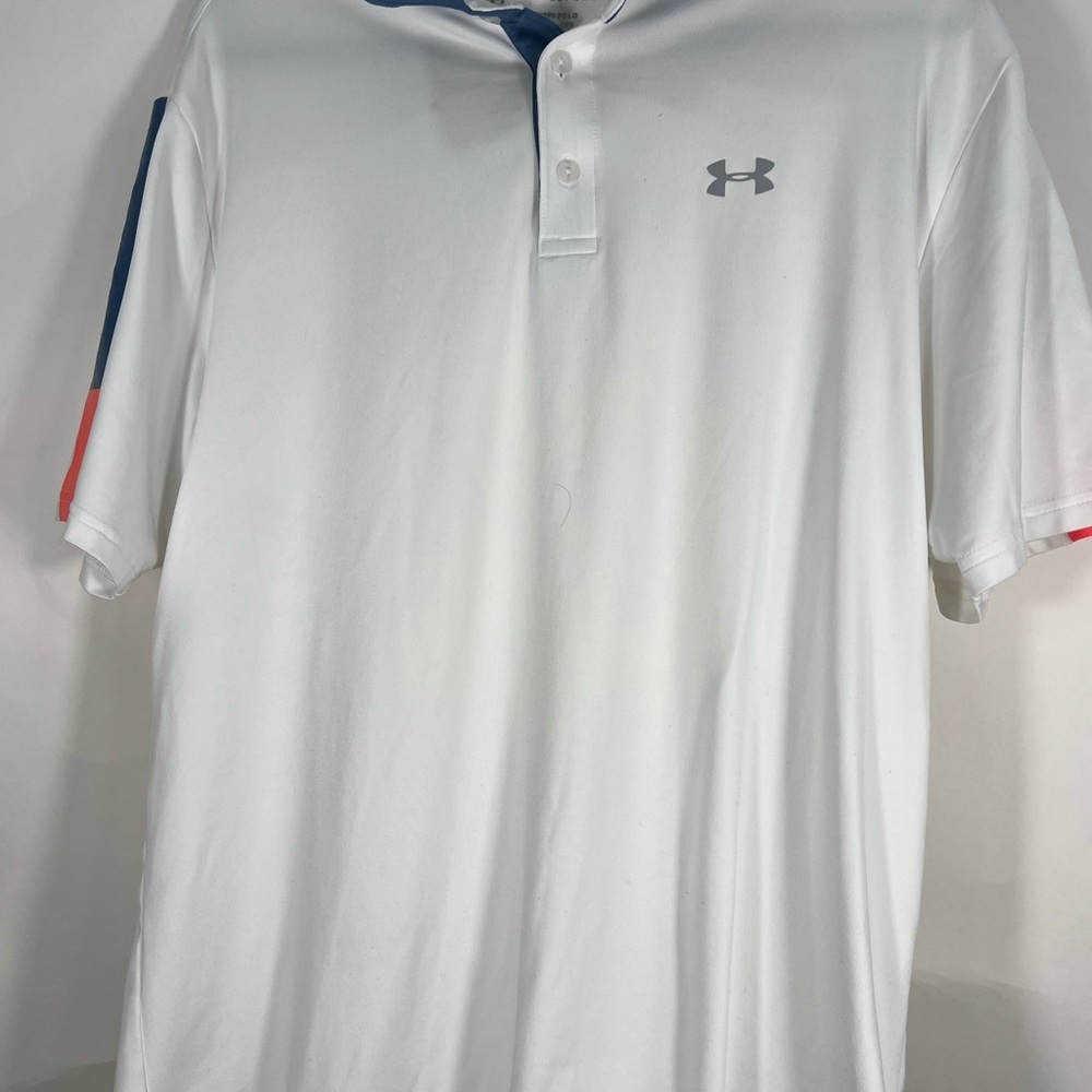 Under Armour LG Men's White Polo Playoff Shirt with Blue and Red Accents